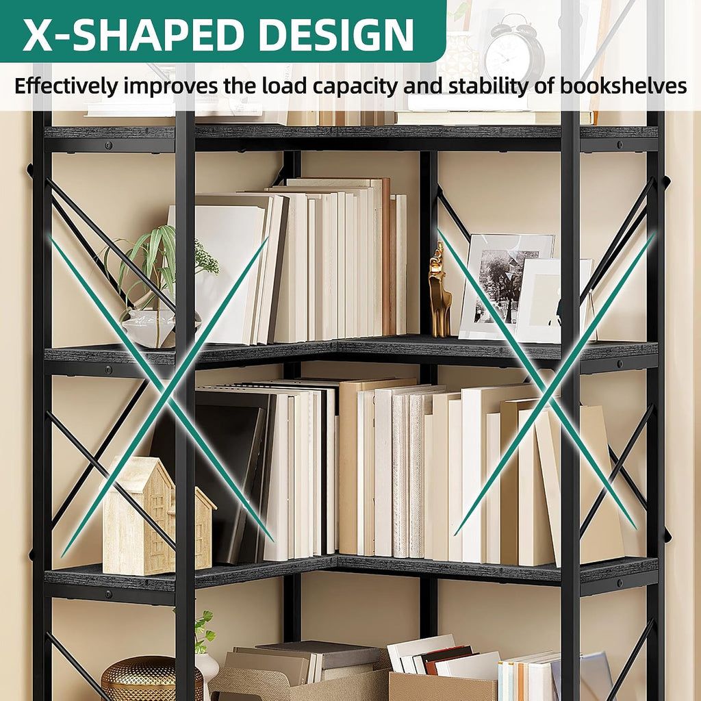 YITAHOME Corner Bookshelf, Industrial Corner Shelf 5 Tier Bookcase, Large Display Rack Storage for Bedroom, Living Room, Home Office,Charcoal Gray + Black