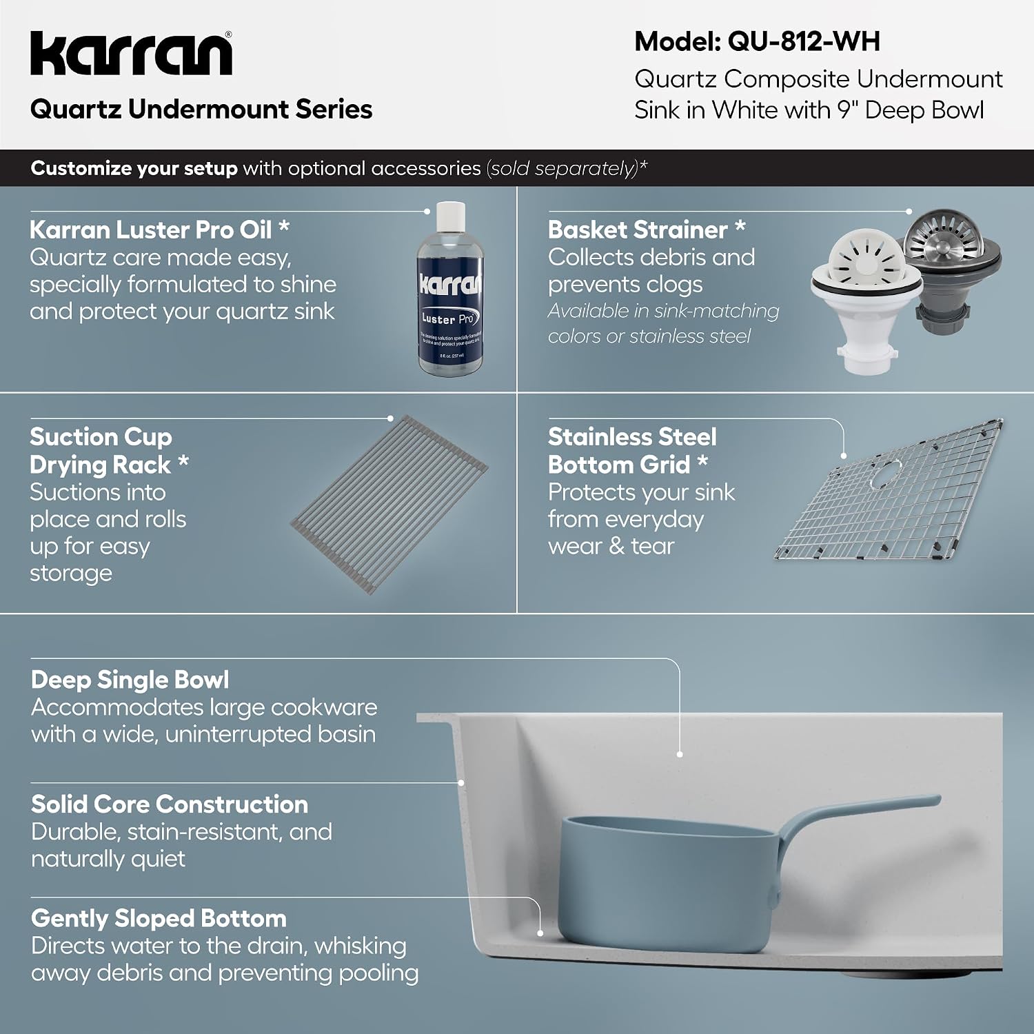Karran 33 Inch White Undermount Single Bowl Quartz Composite Kitchen Sink, Extra Deep 9' Basin, Heat Scratch and Stain Resistant, Sound Dampening, Rear Drain Design – QU-812