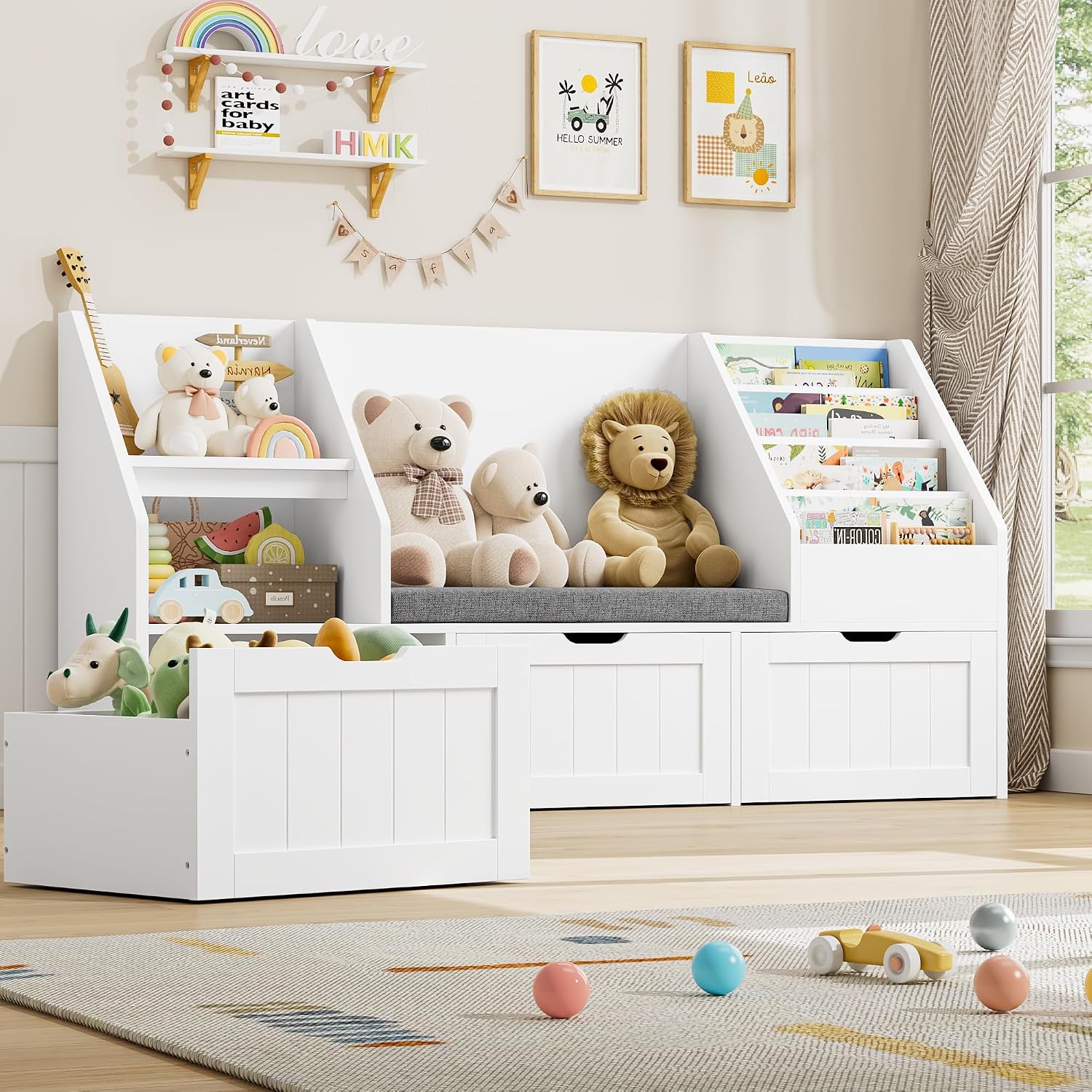 FOTOSOK 55.1'' Kids Bookshelf with Reading Nook, Toy Storage Organizer with Seat Cushion and 3 Movable Drawers, Kids Reading Nook Toy Organizers and Storage with Bench for Playroom, Bedroom, White