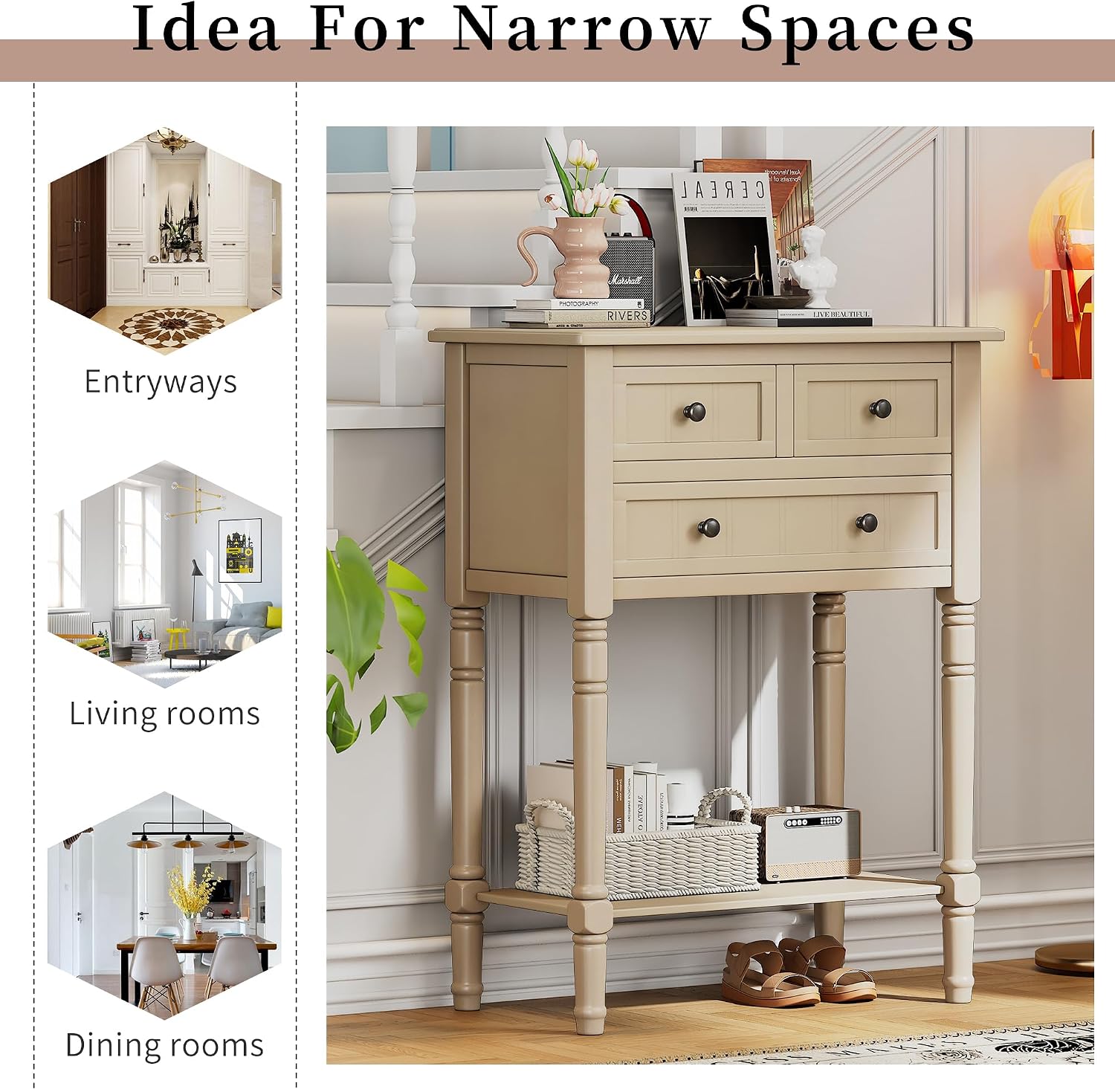 P PURLOVE Antique Narrow Console Table,Slim Sofa Entry Table with 3 Storage Drawer for Living Room,Entryway