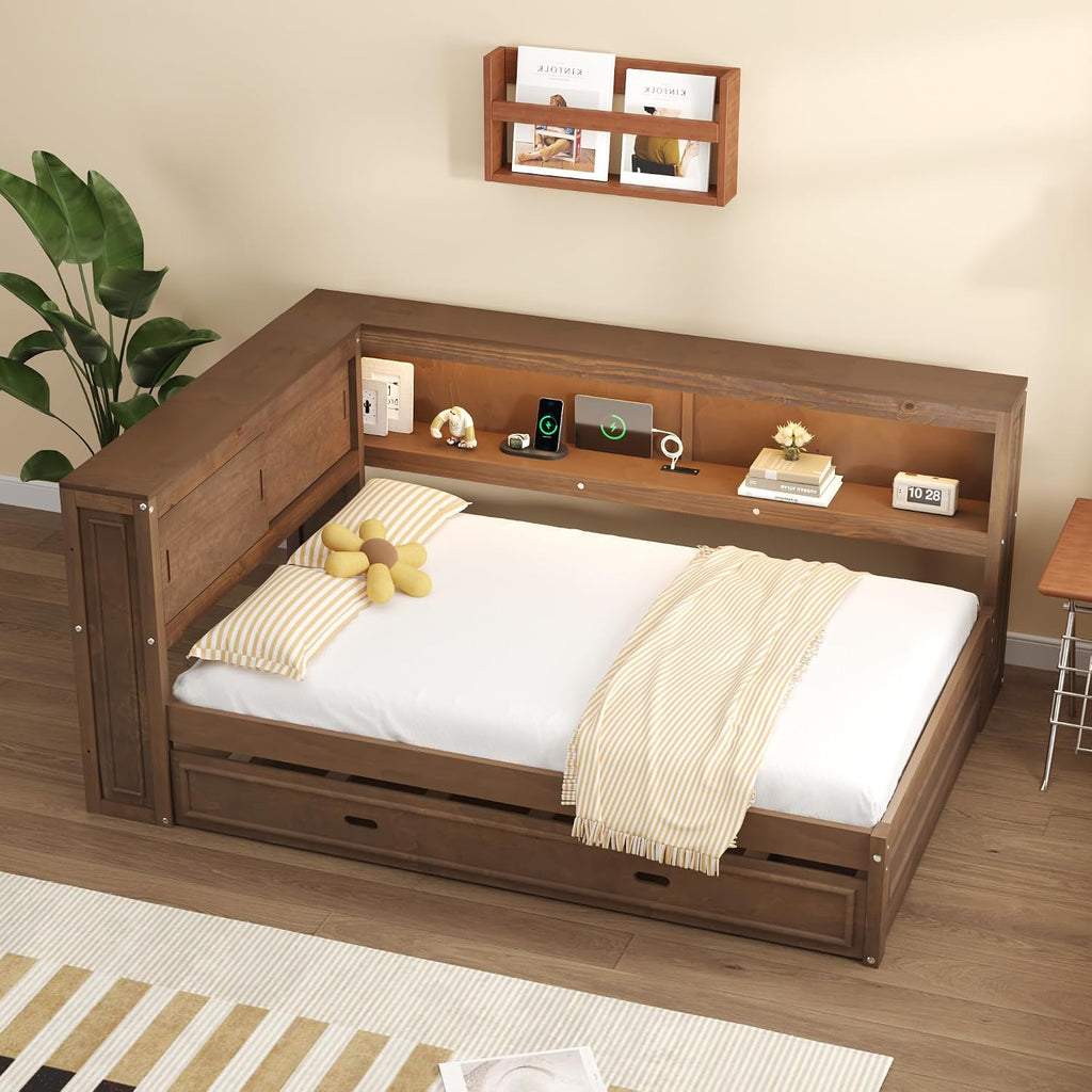 Merax Full Size Daybed Frame with Trundle Bed for Kids, Daybed Full Size with Storage Shelves and Headboard, Wood Corner Bed with USB Ports and LED for Living Room, Brown