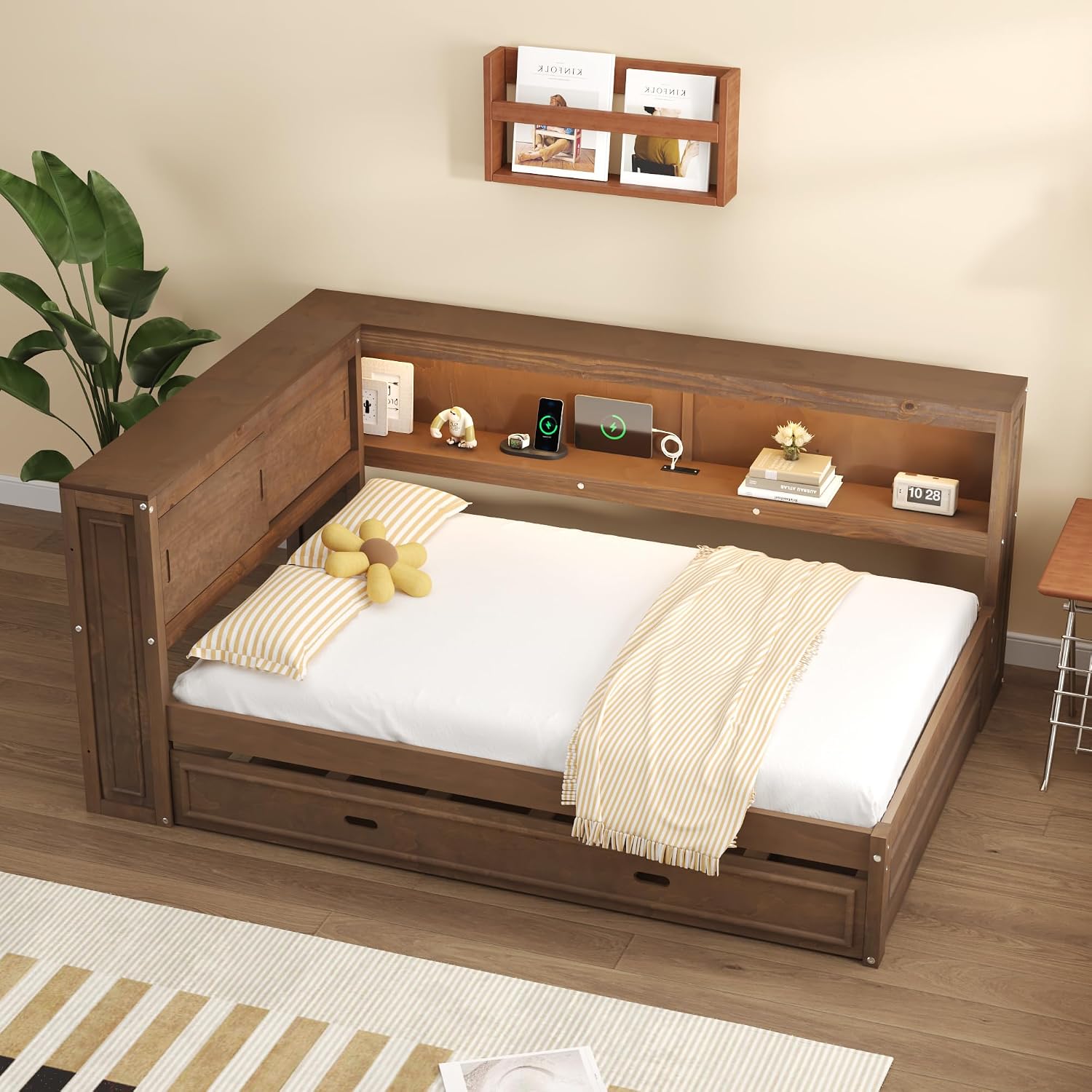 Merax Full Size Daybed Frame with Trundle Bed for Kids, Daybed Full Size with Storage Shelves and Headboard, Wood Corner Bed with USB Ports and LED for Living Room, Brown