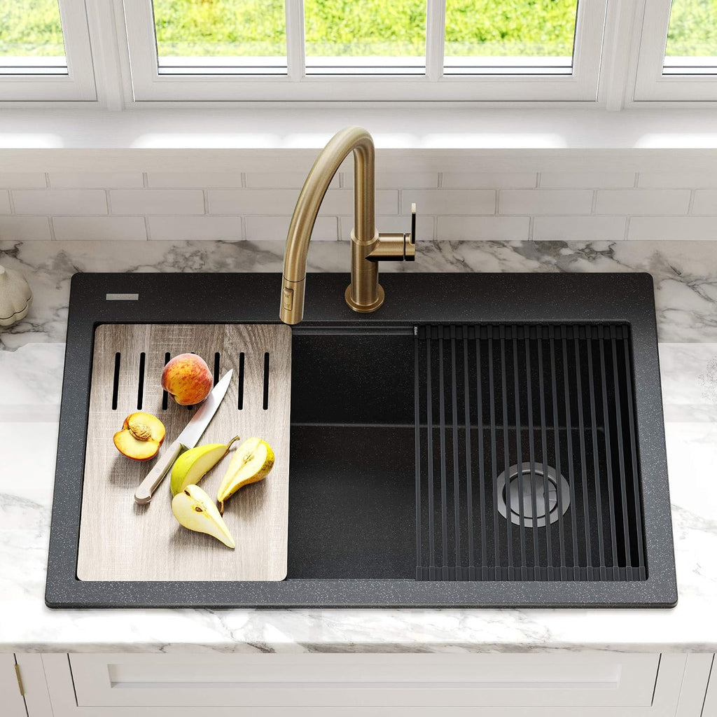 KRAUS Bellucci Workstation 33' Single Bowl Granite Kitchen Sink in Metallic Black w/Accessories, KGTW2-33MBL, Includes Dish Drainer/Dish Drying Rack