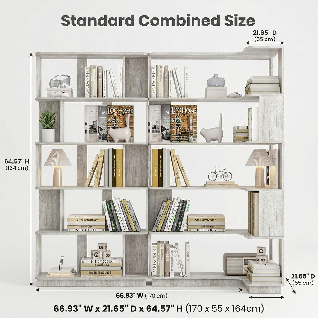Corner Bookshelf, L Shaped, Set of 2, Light Grey | Modular Geometric Design, Large Storage Display, Freestanding Wooden Unit, For Living Room Home Office