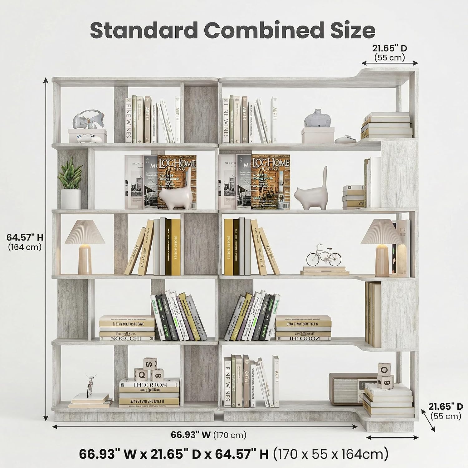 Corner Bookshelf, L Shaped, Set of 2, Light Grey | Modular Geometric Design, Large Storage Display, Freestanding Wooden Unit, For Living Room Home Office