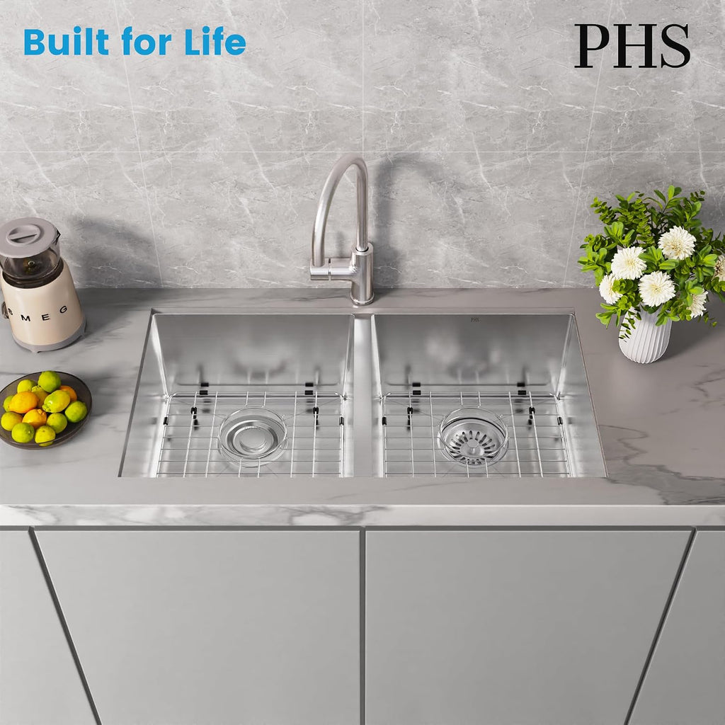 PHS 33-Inch Undermount -50/50 Double Bowl 16 Gauge Stainless Steel Kitchen Sink with Accessories, 9 Inch Deep Sinks with Brushed Finish
