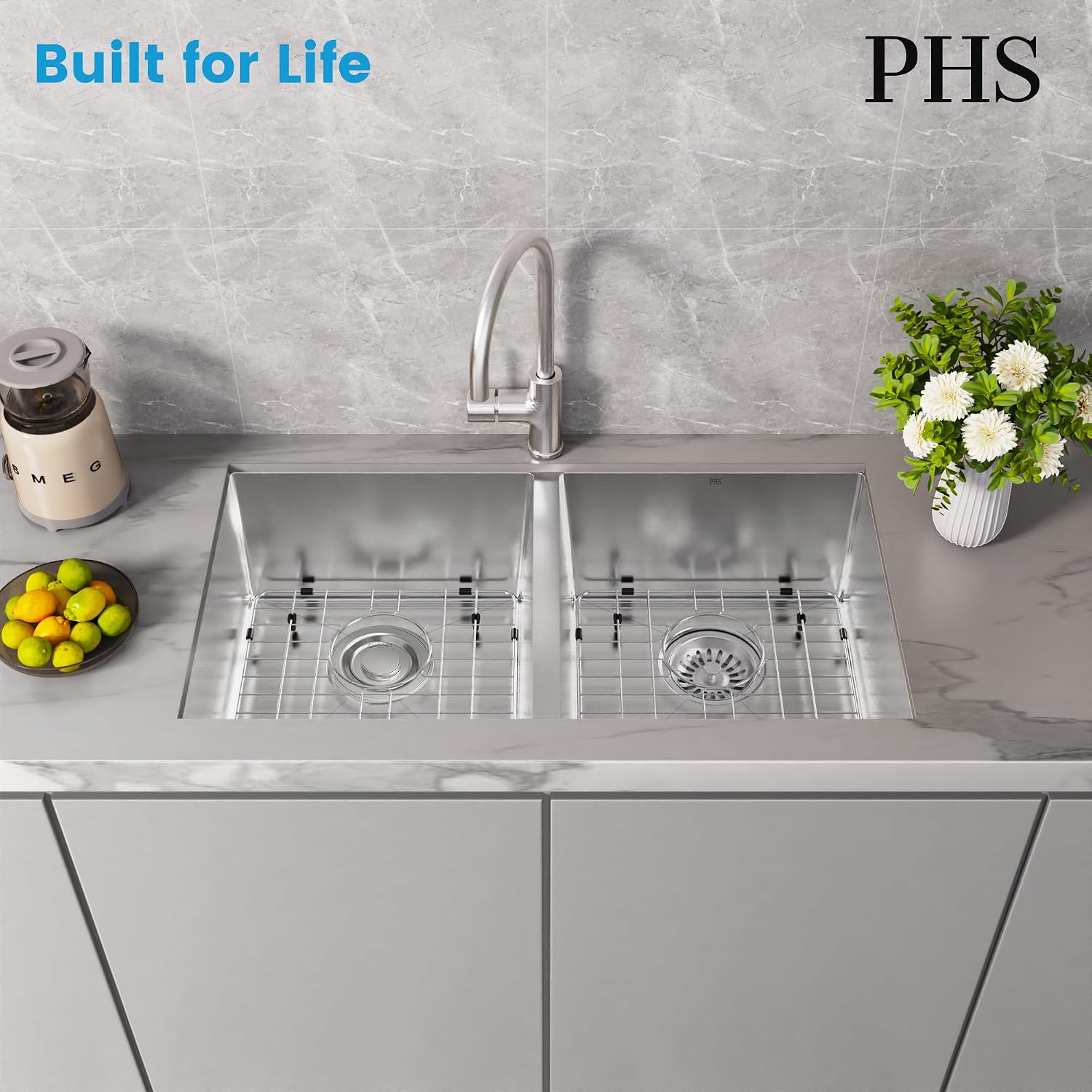 PHS 33-Inch Undermount -50/50 Double Bowl 16 Gauge Stainless Steel Kitchen Sink with Accessories, 9 Inch Deep Sinks with Brushed Finish