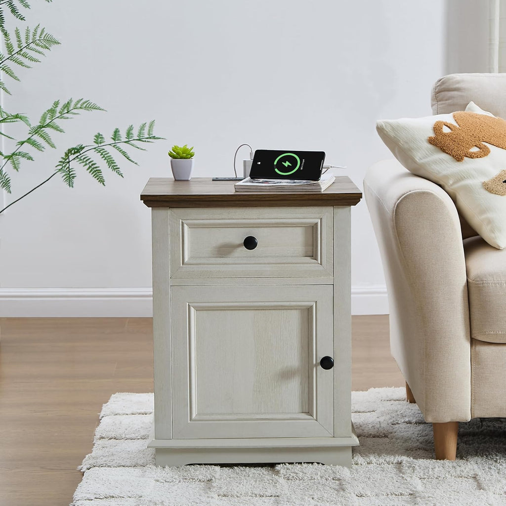 REDAYFUR End Table with Charging Station, Fast Charge, End Table with Drawer, Big Storage Side Table for Living Room/Bedroom, White