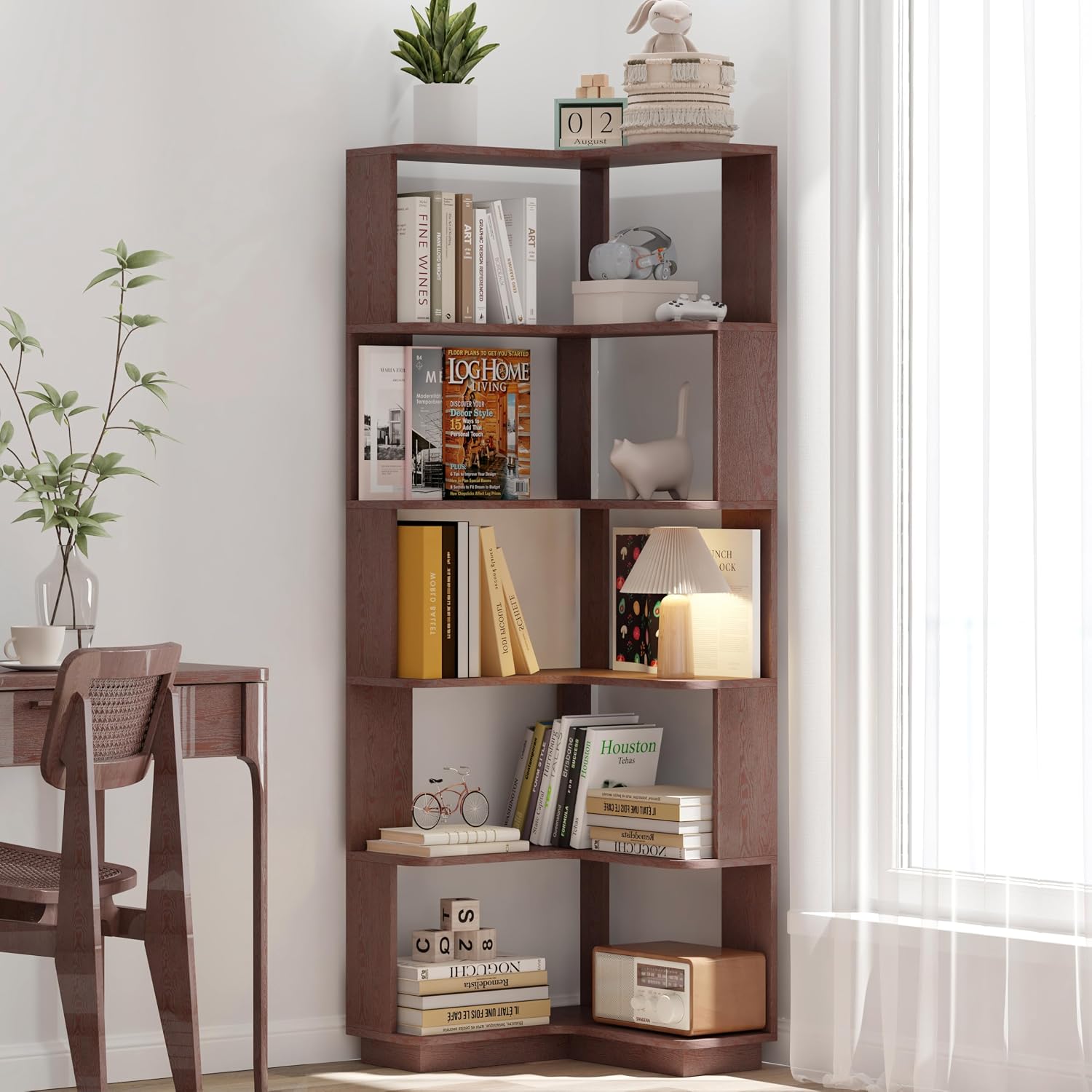 GDFStudio 64.6' Tall L-Shaped Corner Bookshelf, 6-Tier Freestanding Corner Shelf Bookcase with Anti-Drop Panels, Wooden Open Back Display Shelves Organizer for Living Room Bedroom Office, Ox Blood Red