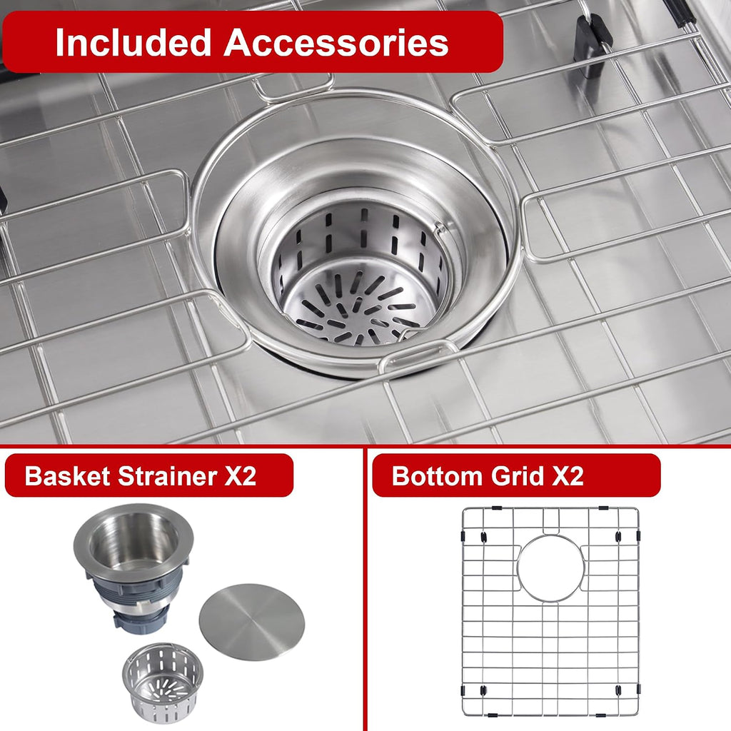 Kitsitchen Undermount Kitchen Sink,16 Gauge 304S Stainless Steel Double Kitchen Sink with Drain Strainers & Grids, 31' x 18' x 9' Large and Deep Handmade Kitchen Sinks,50/50 Double Bowl Design