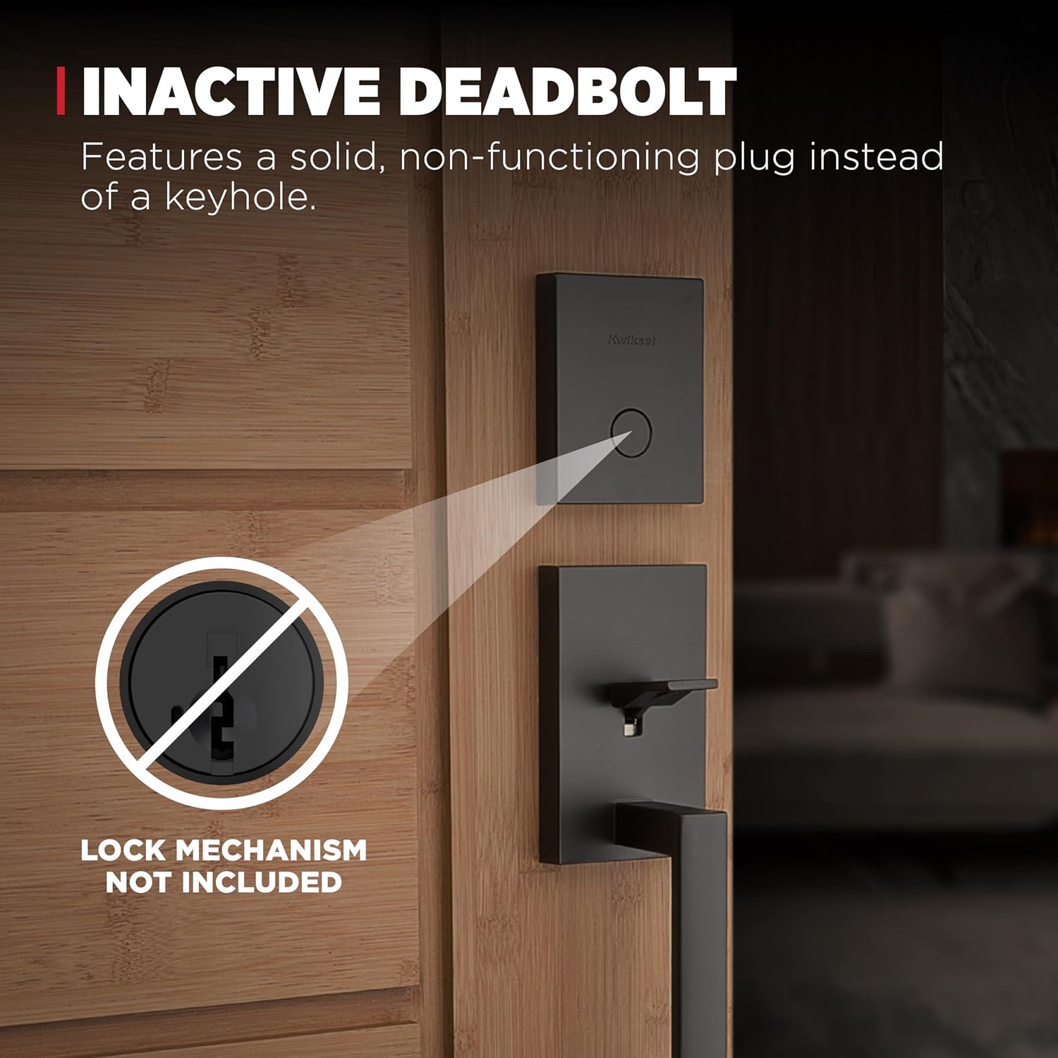 Kwikset San Clemente Non-Functioning Front Door Lock Handle, Inactive Deadbolt and Interior Door Handle, Dummy Handleset Exterior with Interior Reversible Lever, Matte Black with Microban Protection