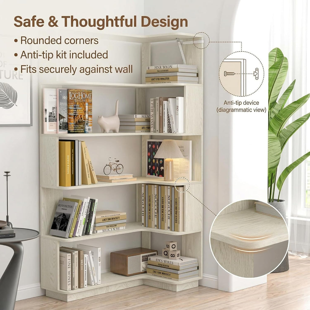 6 Tier Corner Bookshelf, Freestanding L-Shaped Wooden Bookcase with Open Shelves, Anti-Fall Panels and Anti-Tipping Device for Living Room, Home Office (White with Left Extension)