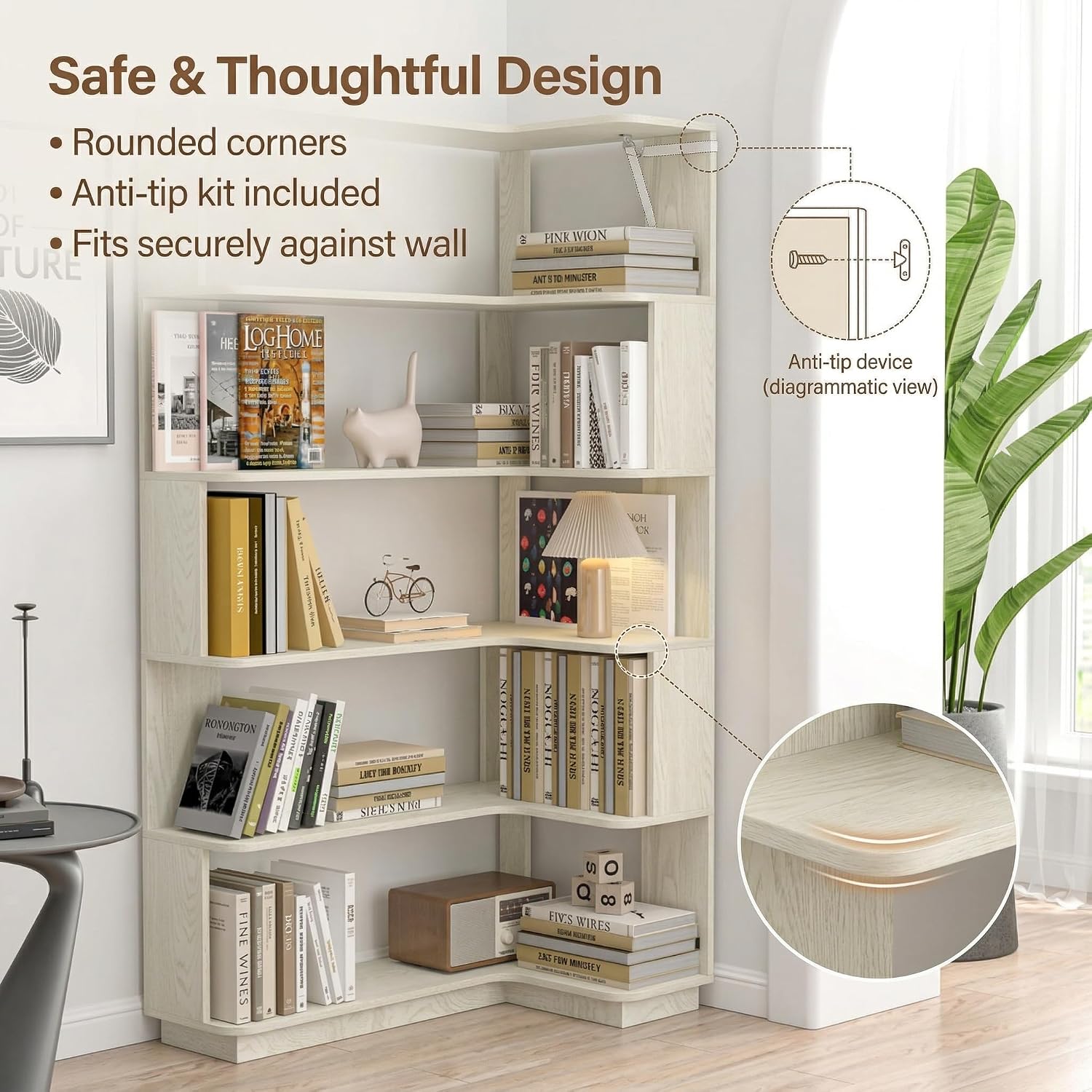 6 Tier Corner Bookshelf, Freestanding L-Shaped Wooden Bookcase with Open Shelves, Anti-Fall Panels and Anti-Tipping Device for Living Room, Home Office (White with Left Extension)