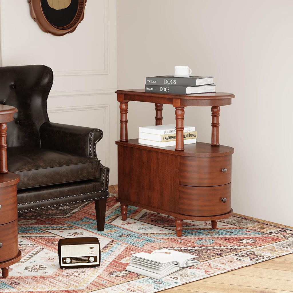 Narrow End Side Table With 2 Drawers and Storage Shelf, Slim Side Tables, Farmhouse Sofa Beside Table- for Small Spaces, Living Room Telephone Tables, Tools-free Assembly, Caramel Brown BG-A508-MG
