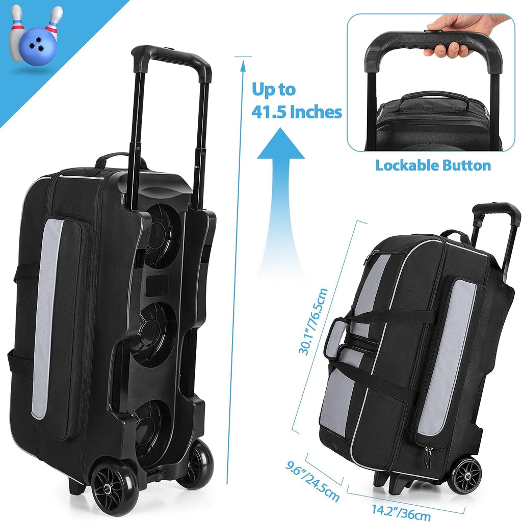 GOBUROS 3 Ball Roller Bowling Bag with Multi Accessory Pockets and Shoes Compartment, Fits 2 Pairs of Size 16 Shoes, 3 Ball Bowling Bags with Large Wheels and Retractable Handle Extends to 41.5'