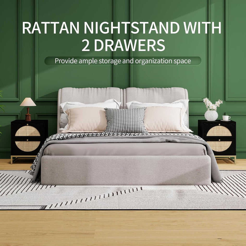 Rattan Nightstand, Boho Bedside Tables with 2 Drawer, Rustic End Table with Storage, Side Table for Living Room, Bed Room, Office, Black, Set of 2