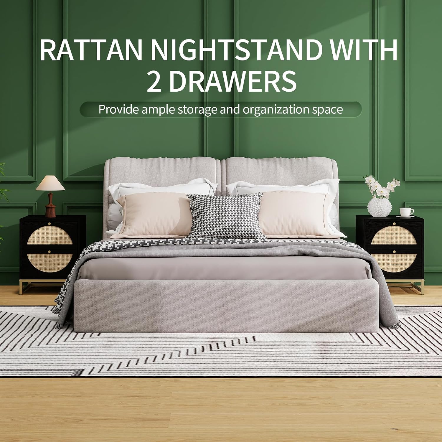 Rattan Nightstand, Boho Bedside Tables with 2 Drawer, Rustic End Table with Storage, Side Table for Living Room, Bed Room, Office, Black, Set of 2