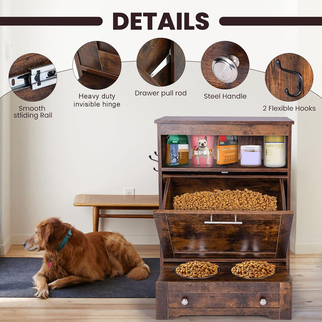 Dog Feeding Station with Storage,Pet Feeding Station Food Storage Cabinet with 2 Elevated Dog Bowls for Water and Feeding Supplies,Dog & Cat Storage Organizer with Drawer,Brown