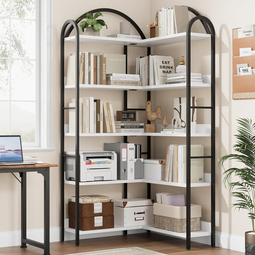 GarveeHome Arched Bookshelf Corner Bookcase, L Shaped Bookshelf Industrial Corner Bookshelves, Large Bookcase with Metal Frame, Corner Shelf Arch Display Rack for Living Room Bedroom
