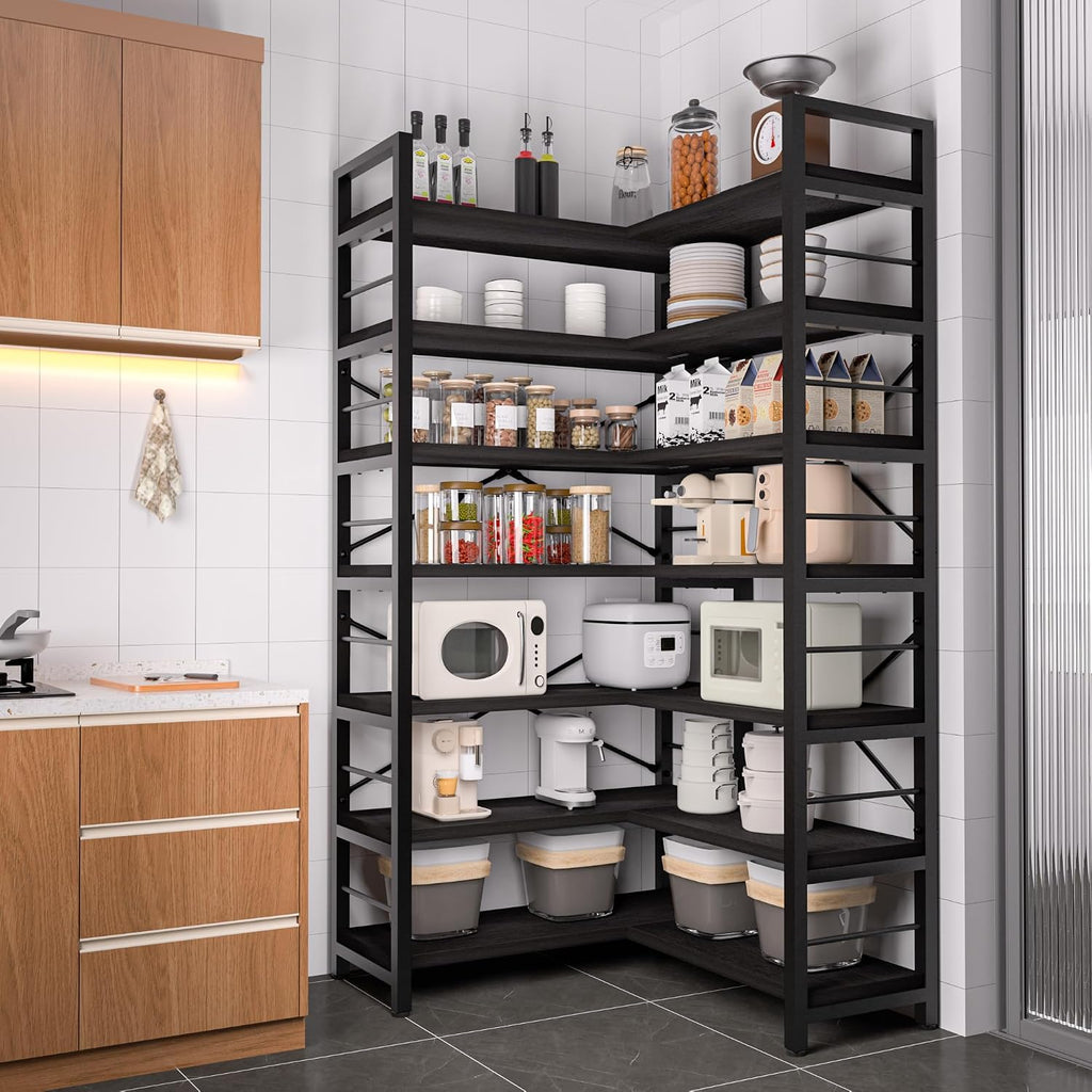 7-Tier Corner Bookshelf, Reversible Wooden Shelves, Industrial Bookcase with Open Shelves and Sturdy Metal Frame, Display Shelf Storage Rack for Living Room, Bedroom, Home Office (Black)