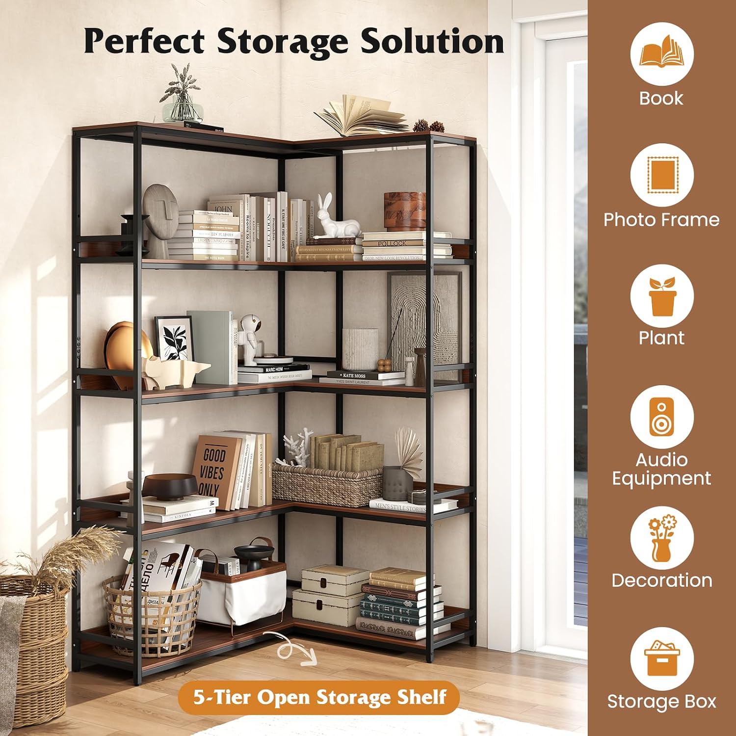 Tangkula Large Corner Bookshelf, 90 Degrees 5-Tier Industrial Wood Open Corner Bookcase for Small Spaces, Heavy-Duty Metal Frame, 71'H L-Shaped Storage Display Rack for Living Room (Walnut)