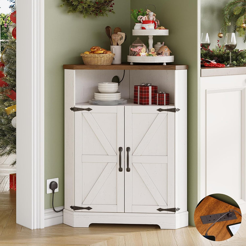 Vabches Small Corner Cabinet with Charging Station,Farmhouse Kitchen Corner Storage Cabinet with Barn Doors and Adjustable Shelves for Many Corner,Like Bathroom,and Kitchen