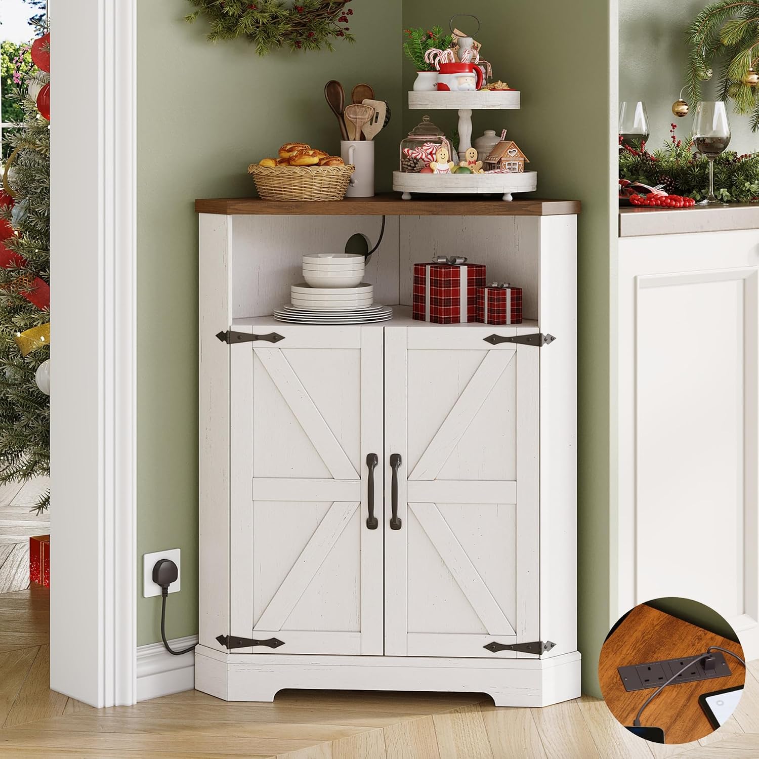 Vabches Small Corner Cabinet with Charging Station,Farmhouse Kitchen Corner Storage Cabinet with Barn Doors and Adjustable Shelves for Many Corner,Like Bathroom,and Kitchen