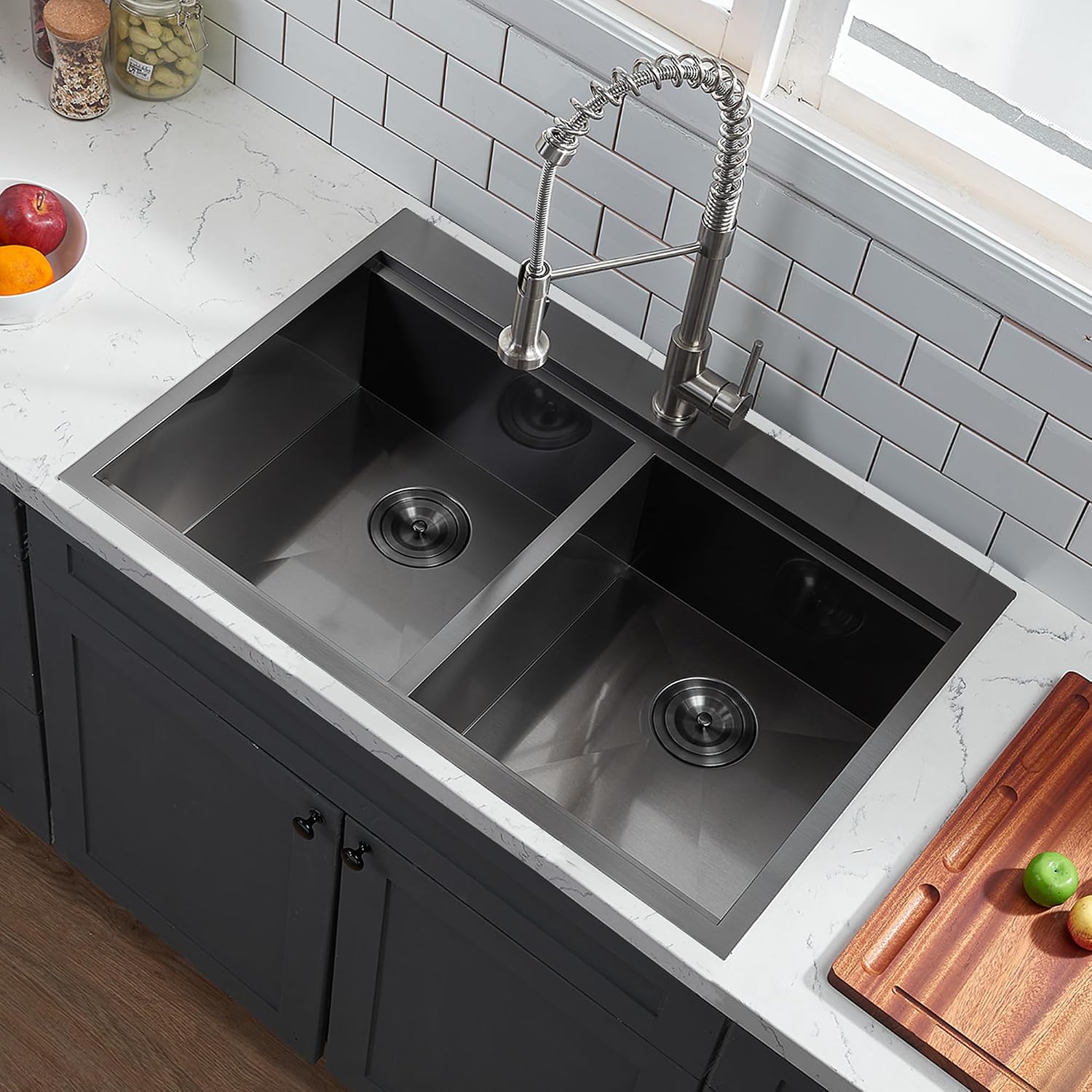 33x22 Double Bowl Kitchen Sink 33 Inch Black, Stainless Steel Drop in Double Basin Kitchen Sink, Topmonut 50/50 Kitchen Sinks Workstation Sink with Accessories