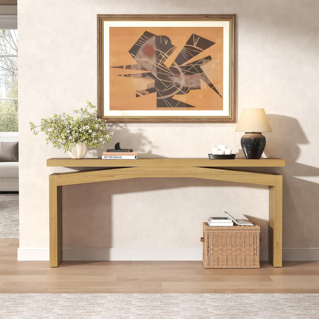 Epecoya Extra Long Console Tables for Living Room, Slim Entryway Table 63 Inches Long, Wooden Couch Table Behind Sofa for Hallway, Living Room, Home, Natural Teak