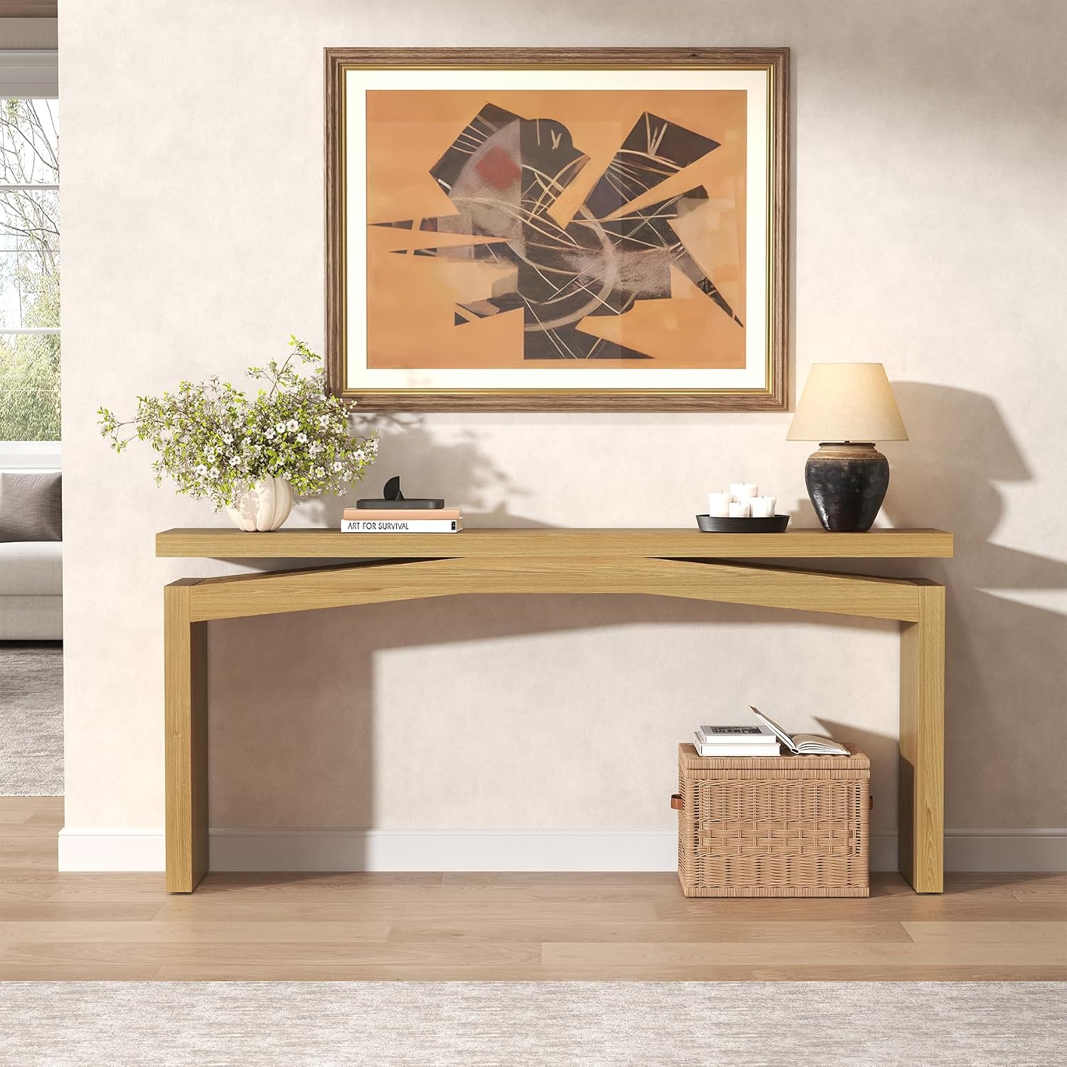 Epecoya Extra Long Console Tables for Living Room, Slim Entryway Table 63 Inches Long, Wooden Couch Table Behind Sofa for Hallway, Living Room, Home, Natural Teak