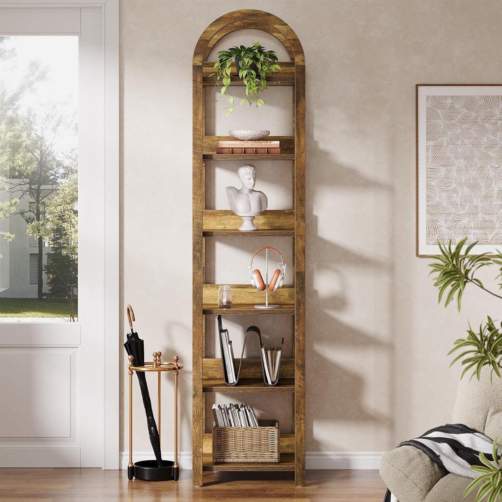 Tribesigns 6-Tier Narrow Bookshelf, 71' Tall Arched Bookcase with Shelves for Small Space, Skinny Wooden Display Shelf Open Storage Rack for Living Room, Home Office, Bathroom, Kitchen, Brown, 2PCS