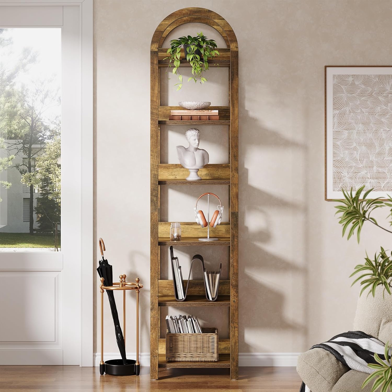 Tribesigns 6-Tier Narrow Bookshelf, 71' Tall Arched Bookcase with Shelves for Small Space, Skinny Wooden Display Shelf Open Storage Rack for Living Room, Home Office, Bathroom, Kitchen, Brown, 2PCS