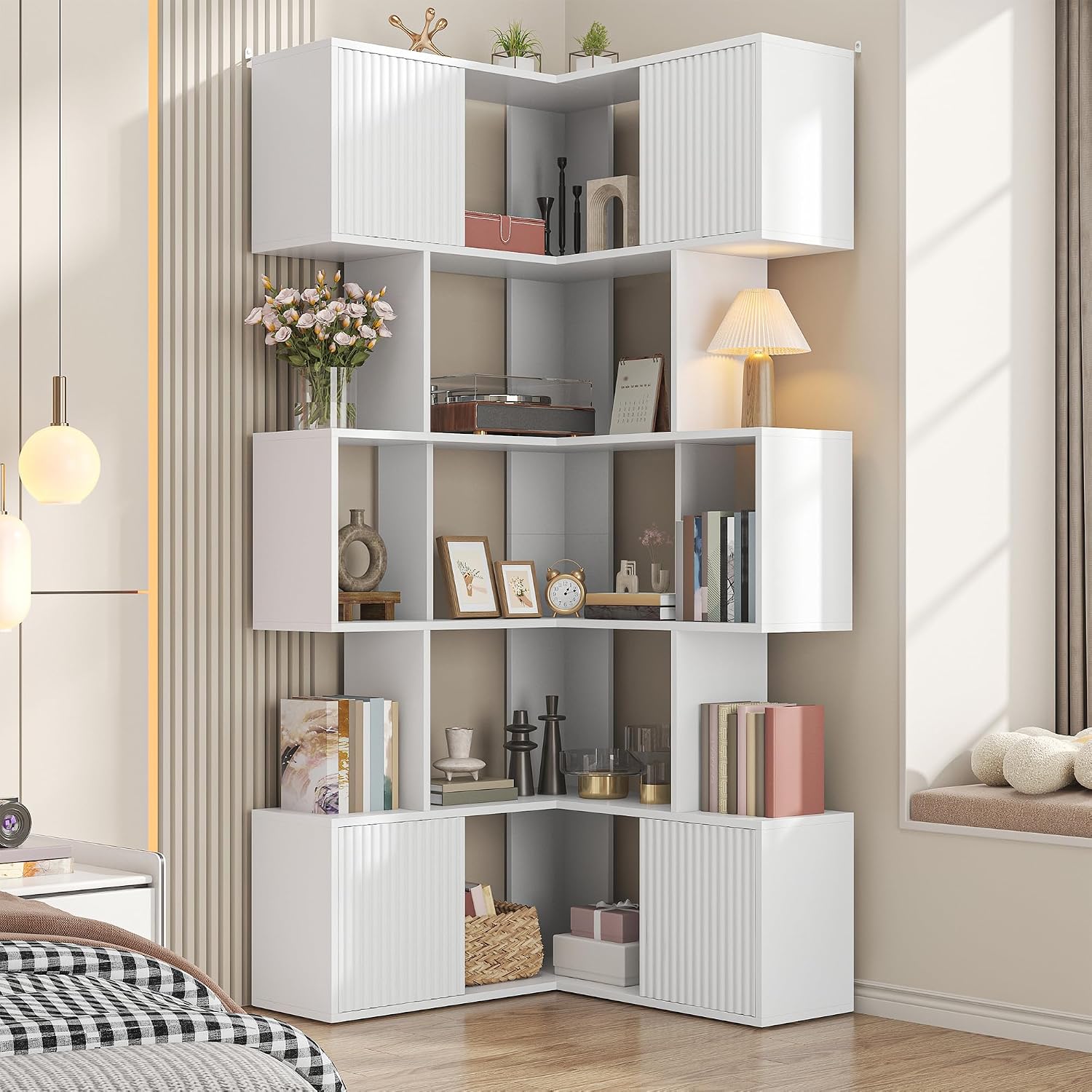 kepptory 6 Tiers Corner Bookshelf, 71' Display Storage Bookcase, L-Shaped Cube Bookshelf, Modern Display Shelf Standing Unit, Curio Display Bookshelf for Living Room/Home Office/Bedroom, White