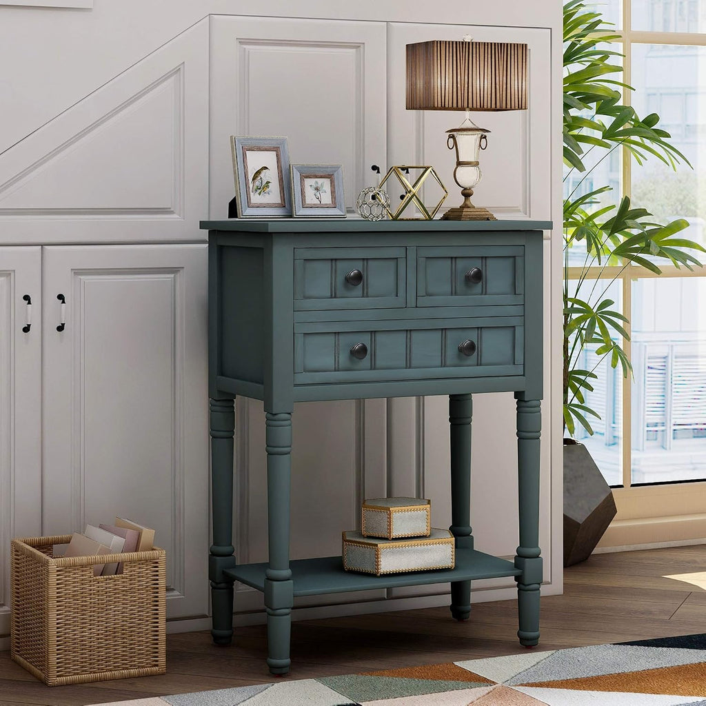 Knocbel Slim Antique Entry Console Table with Drawers & Bottom Open Shelf, Solid Wood Sofa Couch Table for Entryway Hallway Living Room (Navy)
