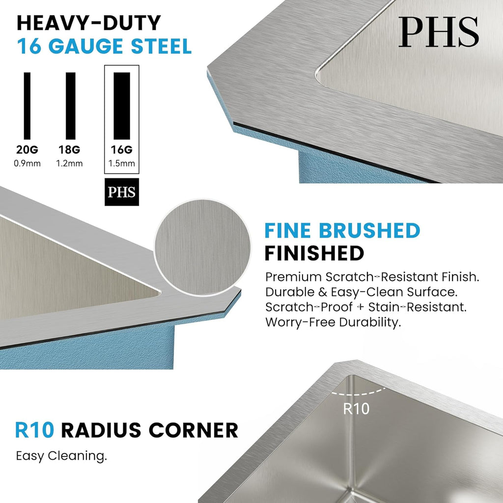 PHS 33-Inch Undermount -50/50 Double Bowl 16 Gauge Stainless Steel Kitchen Sink with Accessories, 9 Inch Deep Sinks with Brushed Finish
