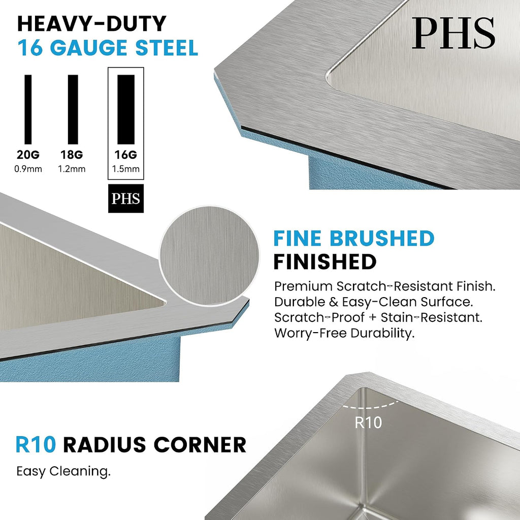 PHS 33-Inch Undermount -60/40 Double Bowl 16 Gauge Stainless Steel Kitchen Sink with Accessories, 9 Inch Deep Sinks with Brushed Finish