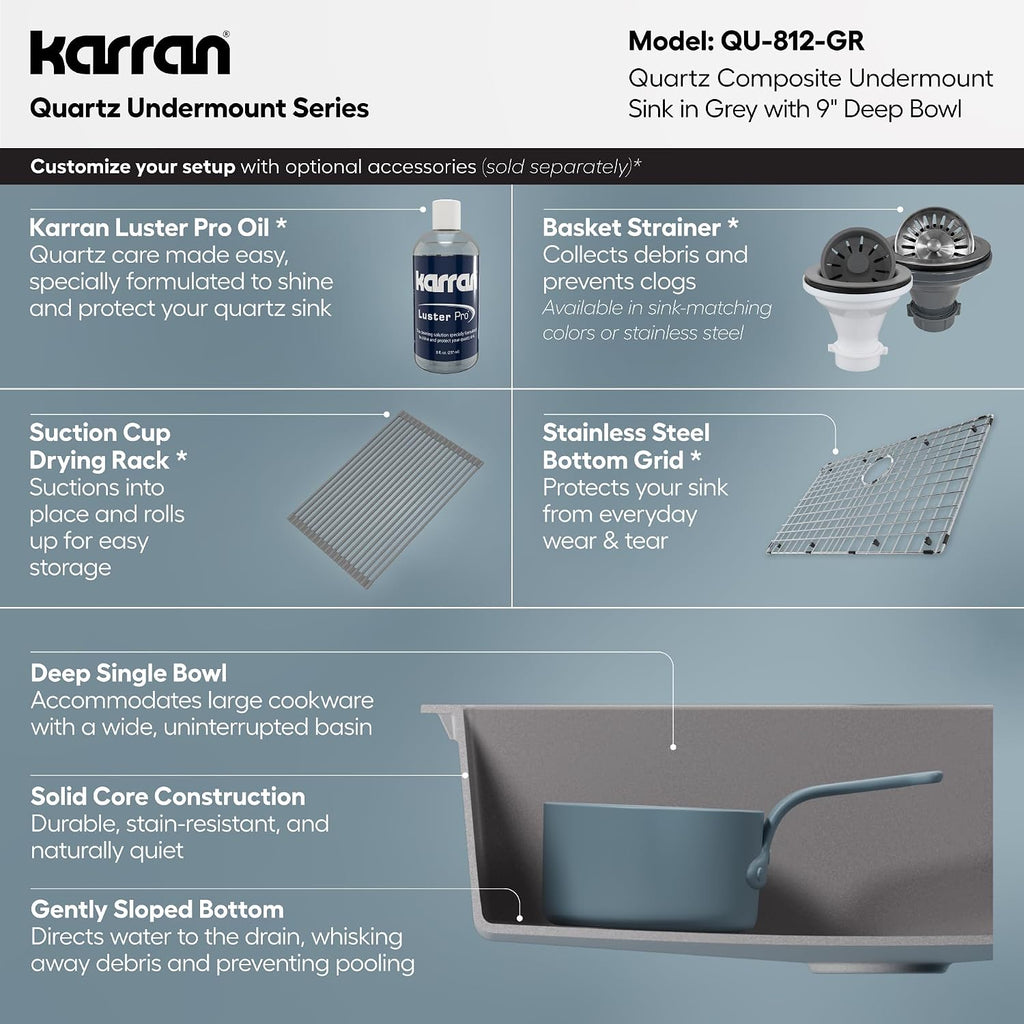 Karran Undermount 33' Large Single Bowl Granite Quartz Composite Kitchen Sink in Grey – Extra Deep 9' Basin, Heat & Scratch Resistant, Sound Dampening, Rear Drain – QU-812