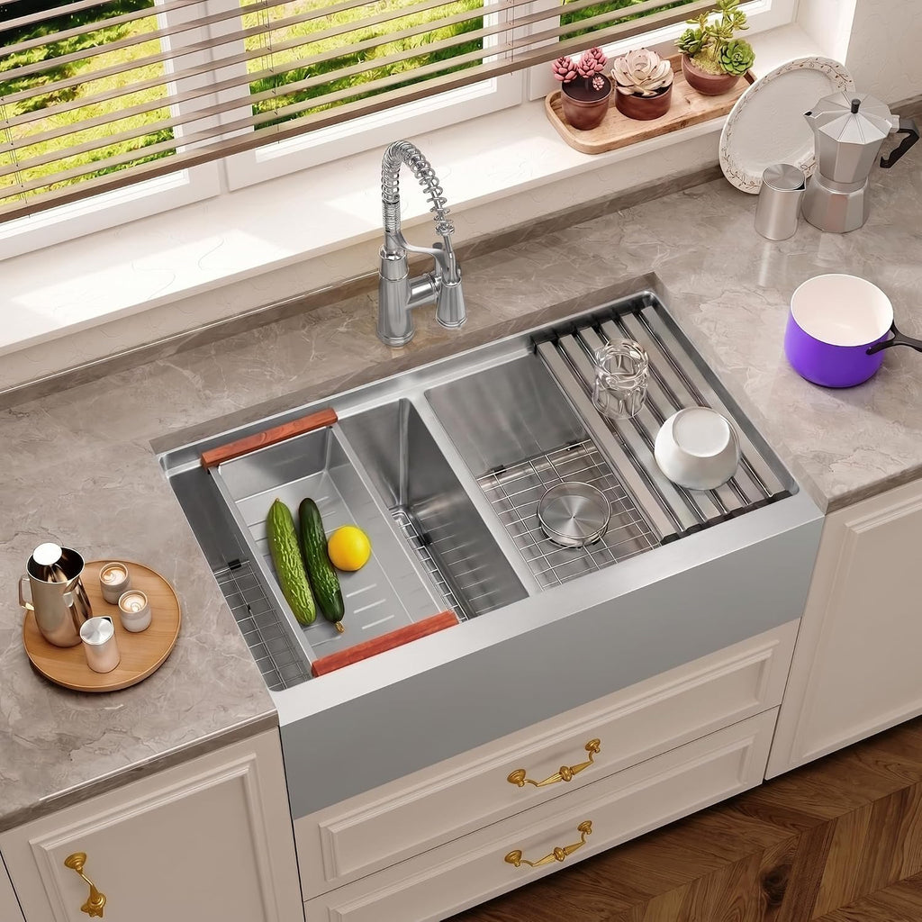 Kitsitchen Double Bowl Farmhouse Kitchen Sink, 16 Gauge 304S Stainless Steel Farm Sinks, 50/50 Design 10 Inch Deep Workstation Sinks with Accessories（28'X 22' x 10' ，Stainless Steel Color）