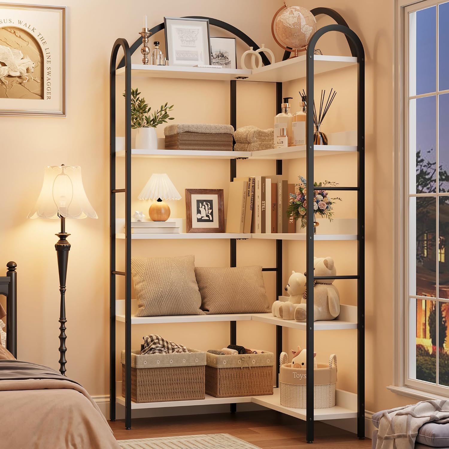 GarveeHome Arched Bookshelf Corner Bookcase, L Shaped Bookshelf Industrial Corner Bookshelves, Large Bookcase with Metal Frame, Corner Shelf Arch Display Rack for Living Room Bedroom