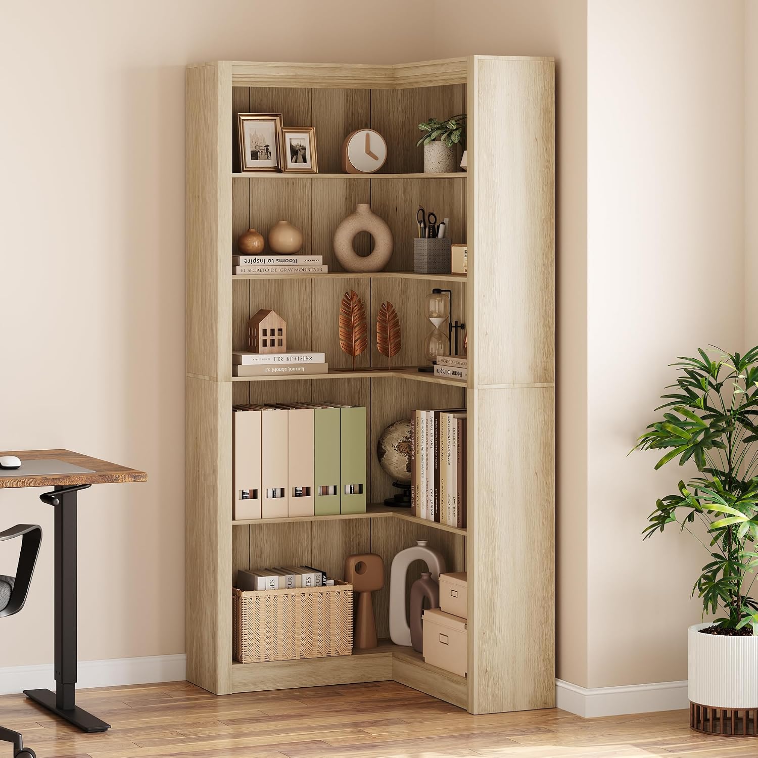 GarveeHome Corner Bookshelf, 71.8 in Farmhouse Corner Bookcase, L-Shaped Bookshelf Large Bookcase, 5 Tier Display Shelf Heavy Duty Bookcases, Bookshelves with Storage (Light Wood)