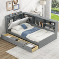 Merax Twin Size Corner Bed Frame with Storage and Upholsetered Headboard, Wood Kids Twin Daybed Frame with Drawers and Shelves, Twin Size Corner Daybed for Kids Room, Twin with Drawers, Grey