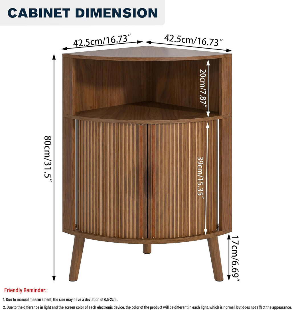 Bathroom Corner Storage Cabinet, 31.5''H Small Floor Corner Cabinet with 2 Fluted Doors and Shelves, Freestanding Narrow Cabinets Organizer for Living Room, Kitchen (Walnut, 31.5''H)