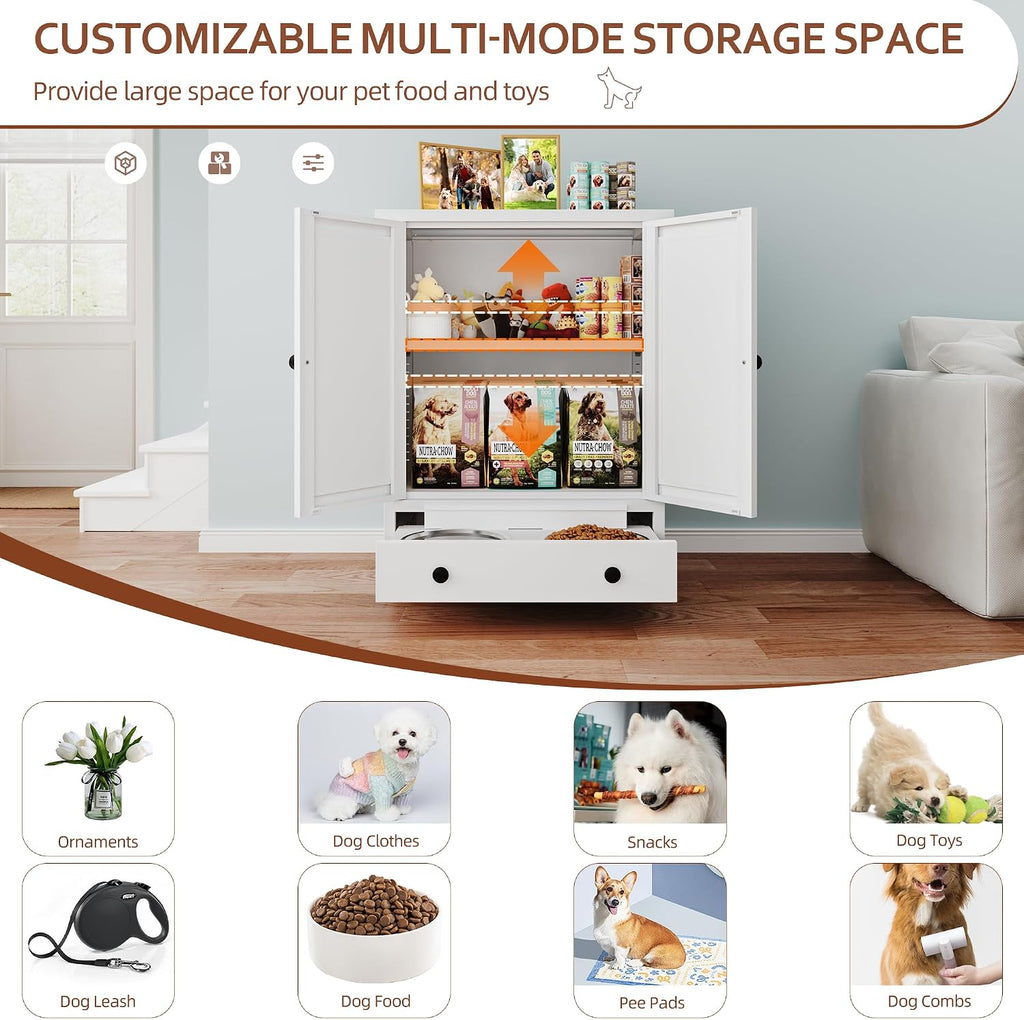 Dog Feeding Station with Storage, Metal Dog Food Storage Cabinet with 2 Elevated Bowls and 3 Hooks, Pet Feeding Station and Dogs Food Storage Organizer, White