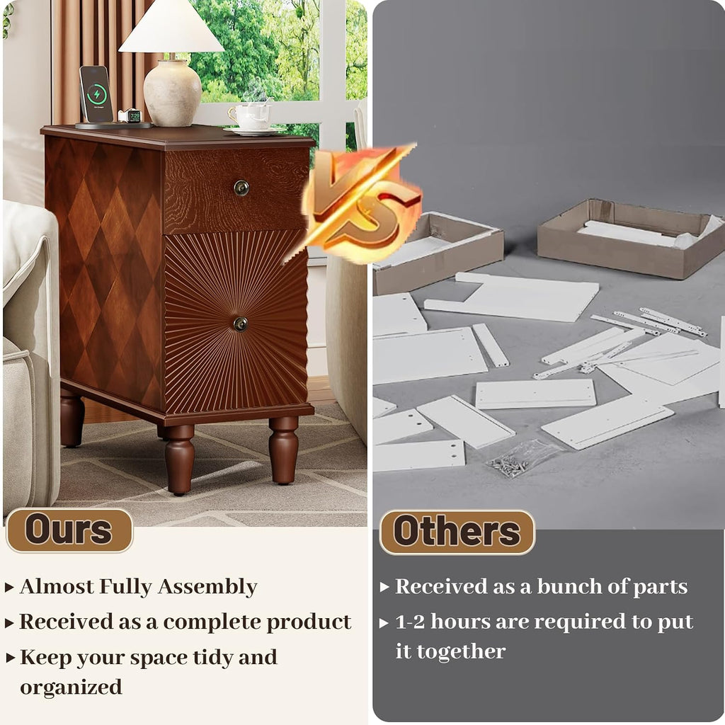 Wood End Table with Charging Station, Fully Assembled Slim Side Table with Drawers, Narrow Nightstand Bedside Table for Small Spaces, Living Room, Bedroom,Walnut