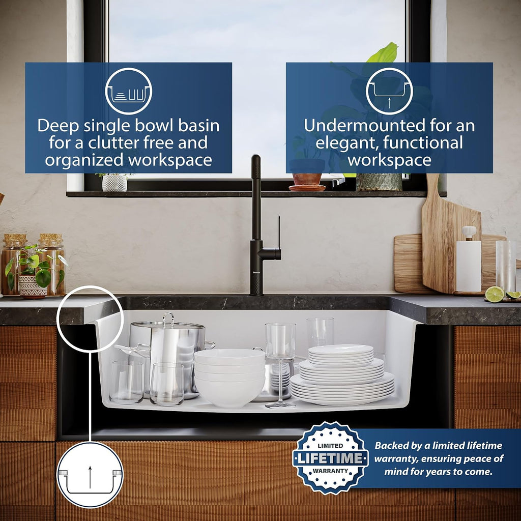 Karran Undermount 33' Large Single Bowl Granite Quartz Composite Kitchen Sink in Concrete – Extra Deep 9' Basin, Heat & Scratch Resistant, Sound Dampening, Rear Drain – QU-812