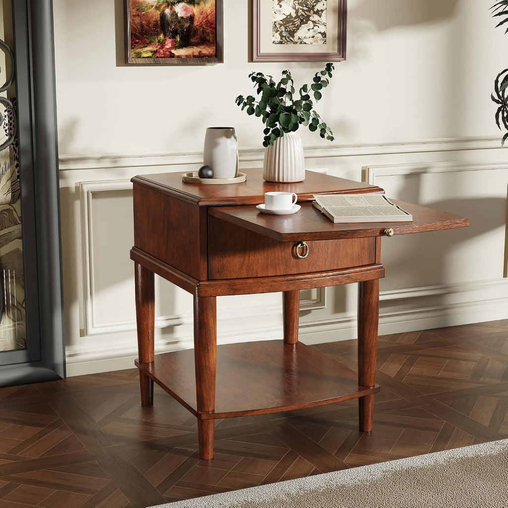 Farmhouse End Side Table Set of 2 with Pull-Out Tray And Storage Drawer, Sofa Beside Tables, Nightstand, No-Tools Assembly 17.7'L x 19.7'W x 22.8'H for Living Room, Caramel Brown CJZ-A1569-MG
