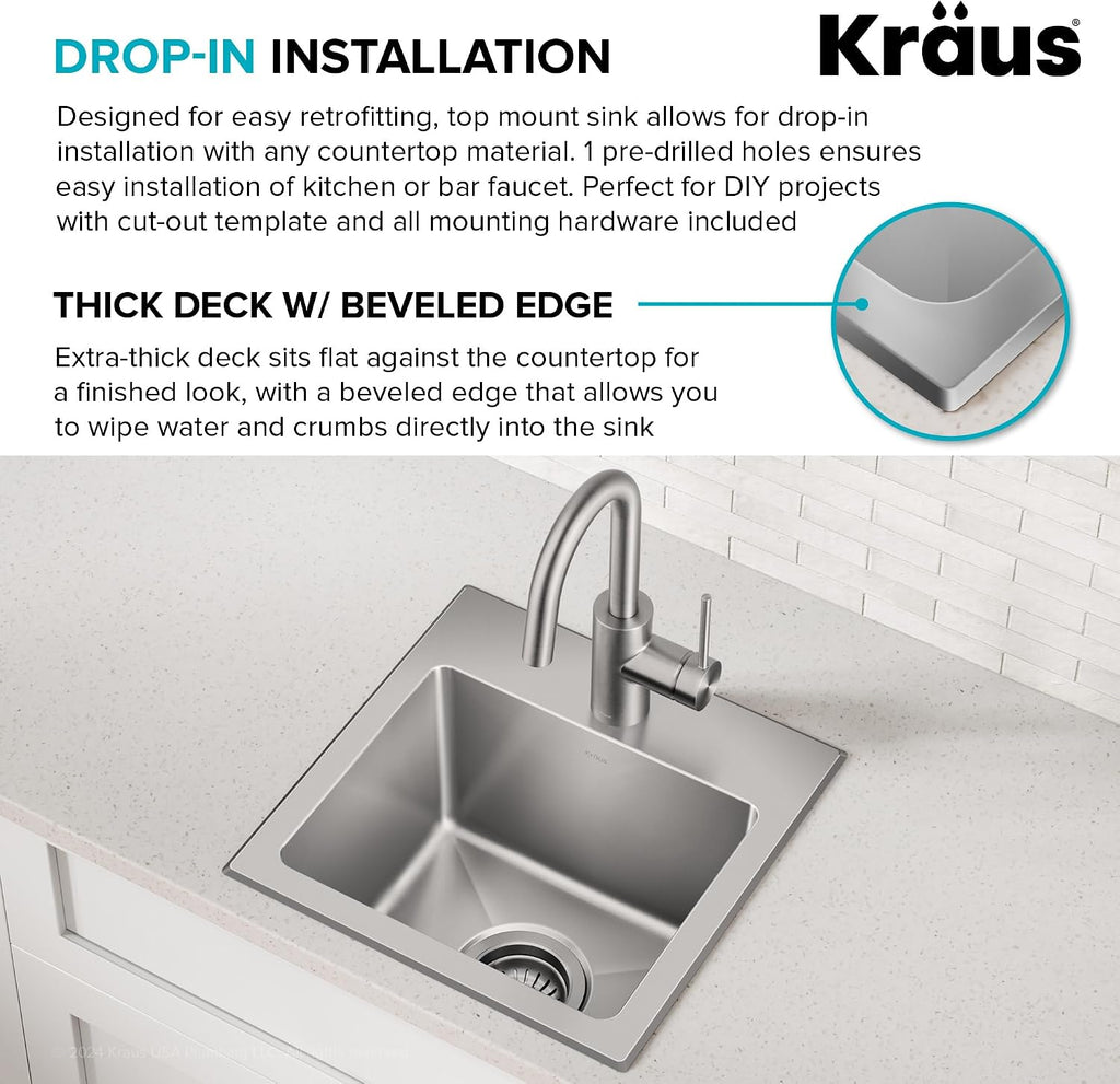 KRAUS Fairlane 15-inch Drop In/Top Mount Single Bowl 18-Gauge Stainless Steel Kitchen Bar Sink, KHT631-15