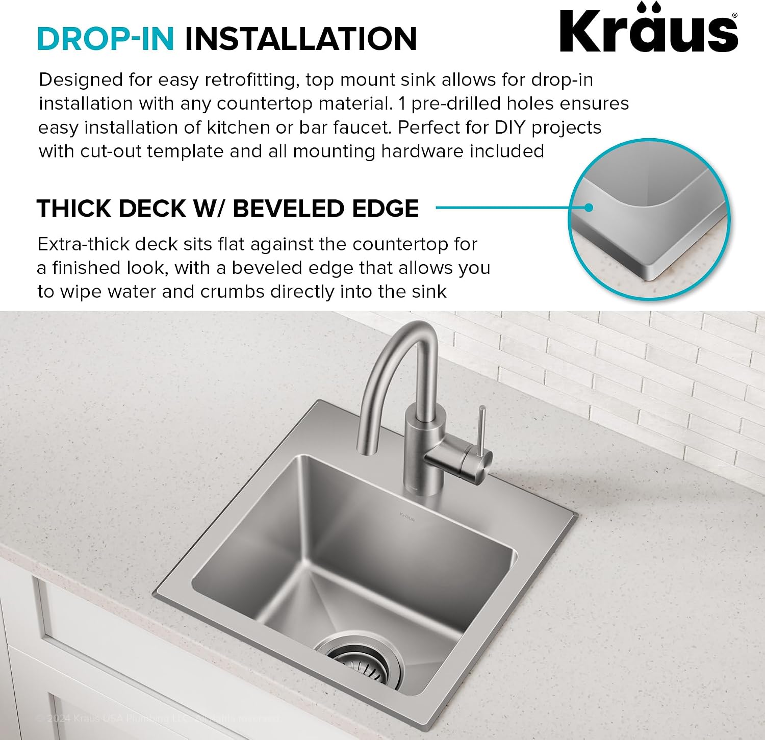 KRAUS Fairlane 15-inch Drop In/Top Mount Single Bowl 18-Gauge Stainless Steel Kitchen Bar Sink, KHT631-15