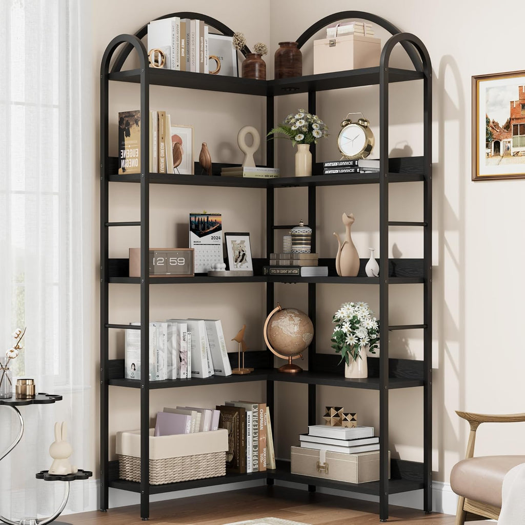 GarveeHome Arched Bookshelf Corner Bookcase, L Shaped Bookshelf Industrial Corner Bookshelves, Large Bookcase with Metal Frame, Corner Shelf Arch Display Rack for Living Room Bedroom