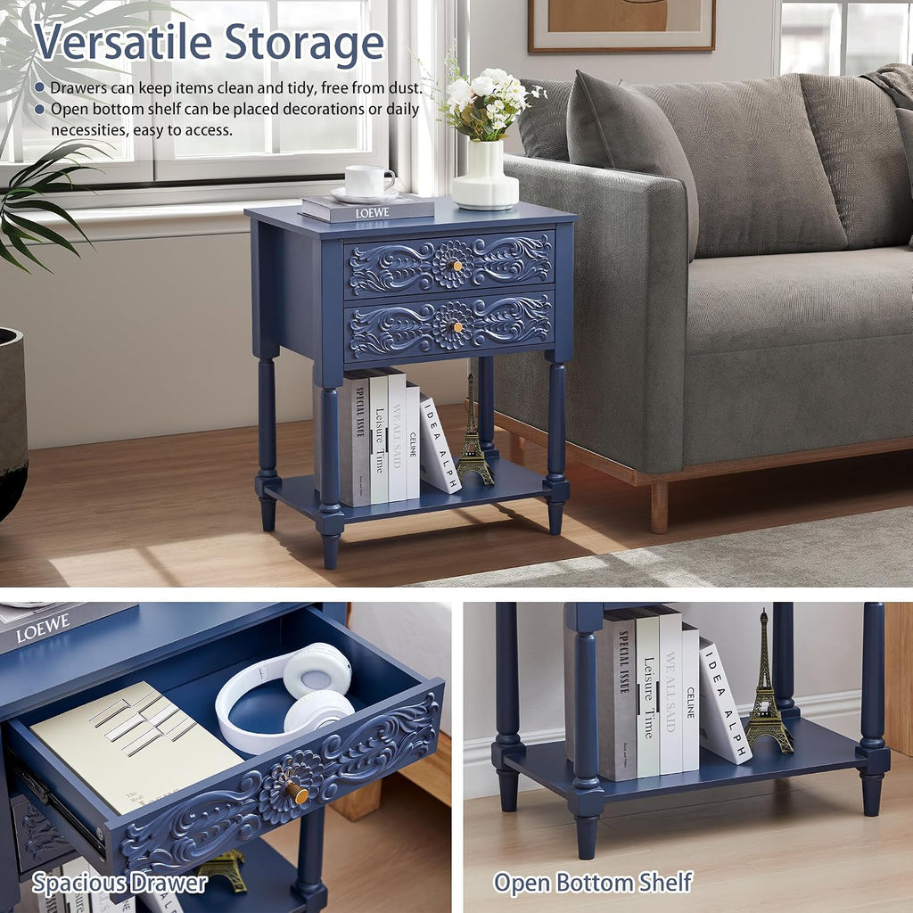 Nightstand, Farmhouse Bedside Table with 2 Drawers and Open Shelf, Wood Sofa Side Table End Table Accent Dresser for Bedroom, Living Room (with Shelf, Blue)